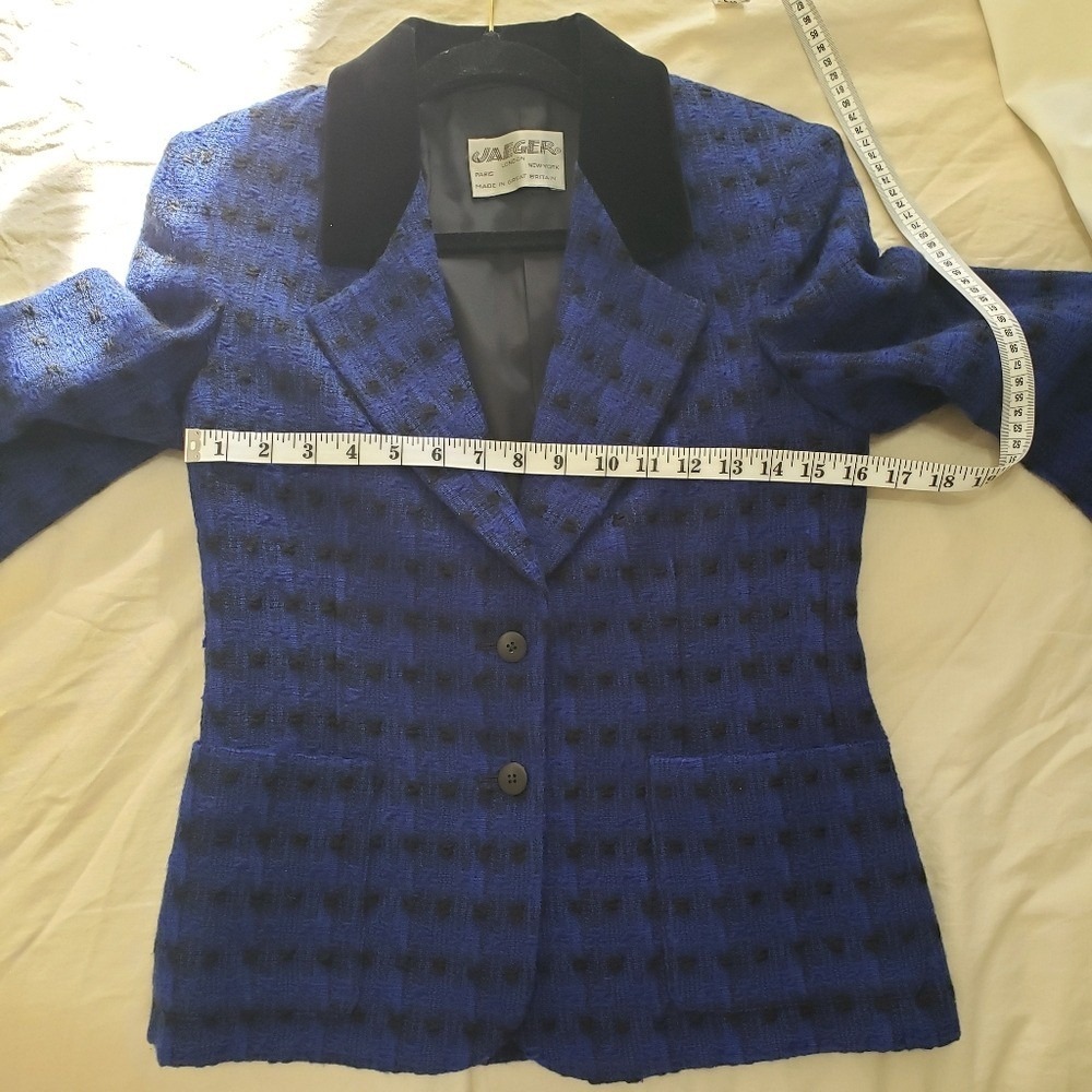Jaeger London Blazer Jacket Blue Black Patterned Velvet Trim Cobalt - Picture 12 of 13